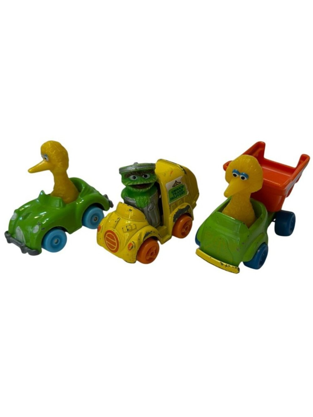 3 Vintage 1982 Sesame Street Metal Diecast Cars Big Bird Oscar Hasbro Playskool